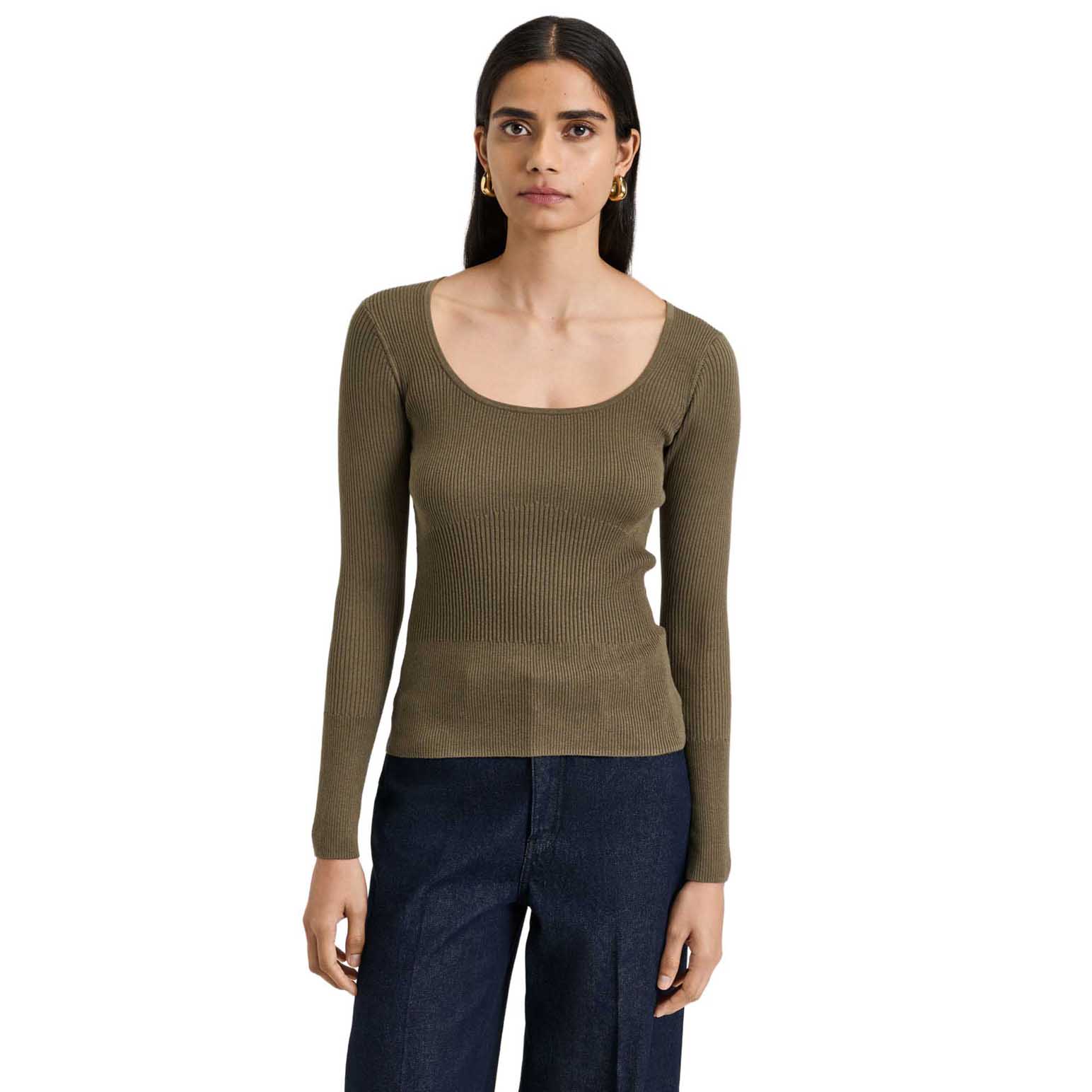 Veronika Maine Cotton Silk Blend Scoop Neck Ribbed Knit Top